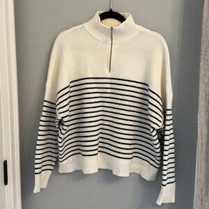 Mango 1/4 Zip Knit Sweater - White & Navy Stripes - Size L